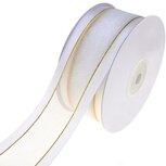 Organza satijn lint met goud lurex randje 38 mm wit