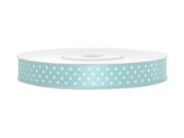Satijn lint 12 mm licht blauw met witte stippen