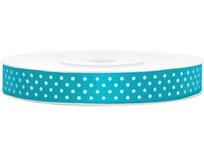 Satijn lint 25 mm aqua met witte stippen