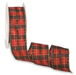 Schotse ruit lint rood donker groen goud 4 cm breed met ijzerdraad