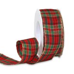 Schotse ruit lint rood  groen goud 4 cm breed met ijzerdraad 