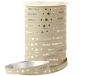 Krullint merry christmas met ster beige zilver print 10 meter