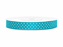 Satijn lint 12 mm aqua met witte stippen