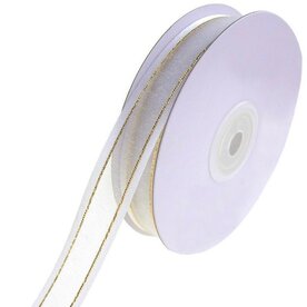 Organza satijn lint met goud lurex randje 25 mm wit
