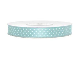 Satijn lint 12 mm licht blauw met witte stippen