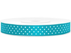 Satijn lint 25 mm aqua met witte stippen