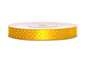 Satijn lint 12 mm geel met witte stippen