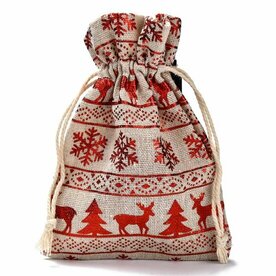 Katoenen zakjes kerst print rood metalic