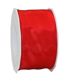 Satijn lint met ijzerdraad rood 6 cm breed 25 meter rol