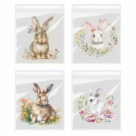 Cellofaan zakjes met plakstrip paashaas met bloemen mix 7 x 10 cm 10 stuks