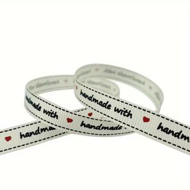 Grosgrain lint 1 cm ivoor met &ldquo;handmade&rdquo; tekst 4,8 meter