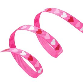 Grosgrain lint 1 cm roze met hartjes 5 meter