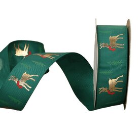 Grosgrain kerstlint groen met goud hert en boom 25 mm (10m)