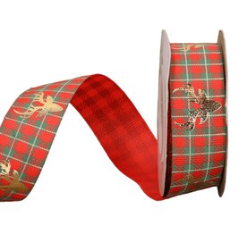 Grosgrain kerstlint fijne Schotse ruit met goud hert 25 mm (10m)