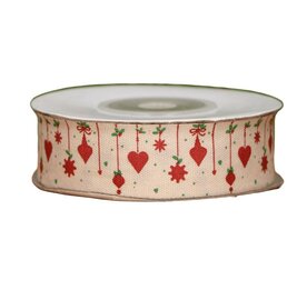 katoen lint kerst, rode kerstornamenten lint, katoenlint 20mm, kerstlint ecru rood, 10 yard kerstlint kopen, goedkooplint.