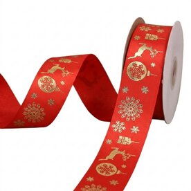 Satijn lint rood met goud kerstballen en ijskristallen print 2,5 cm (10m)