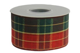 Gesneden lint Schotse ruit rood donkergroen goud 38 mm