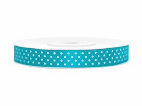 Satijn lint 12 mm aqua met witte stippen