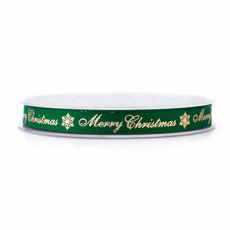 Kerstlint grosgrain groen merry christmas goud 9 mm breed