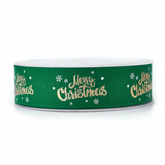 Kerstlint merry christmas en ijskristal groen 25 mm breed