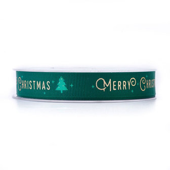 Kerstlint grosgrain groen merry christmas 15 mm breed