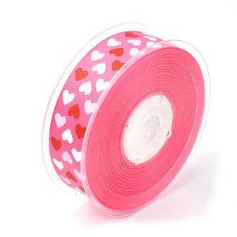 Grosgrain lint 25 mm breed roze met rood wit roze hartjes