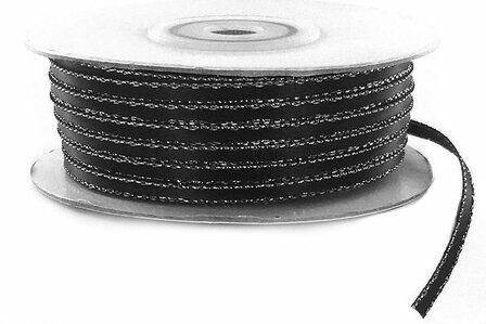 Satijn lint 3 mm zwart met zilver lurex randje