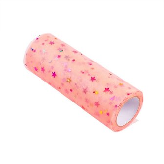 Tule lint 15 cm breed zalm met multicolour sterretjes