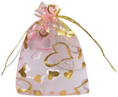 Organza zakjes roze met gouden hartjes 7 x 9 cm