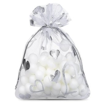 Organza zakjes 10 x 15 cm wit met zilver hartjes