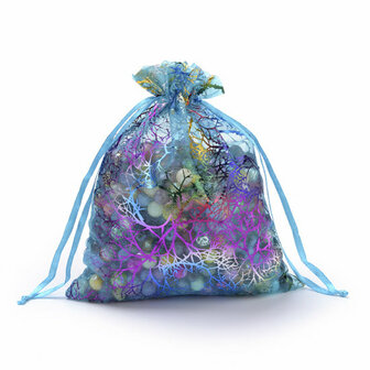 Organza zakjes aqua met koraal print 12.5 x 17.5 cm