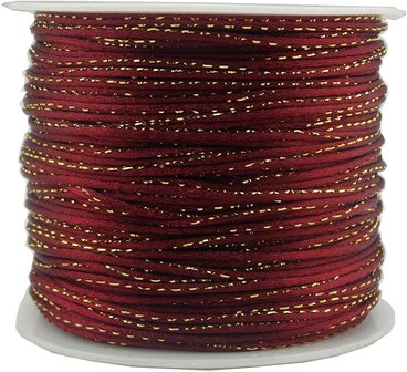 Satijnkoord 2 mm bordeaux rood met goud draad 91 meter rol