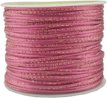 Satijn koord 2 mm oud roze met goud draad 91 meter rol