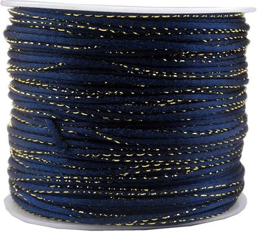 Satijn koord 2 mm donker blauw met goud draad 91 meter rol