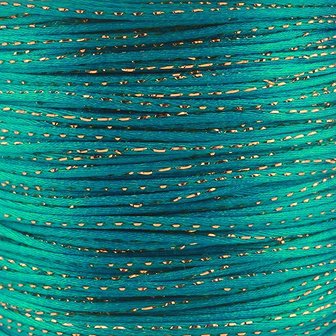 Satijn koord 2 mm aqua met goud draad