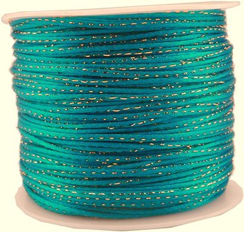 Satijn koord 2 mm aqua met goud draad