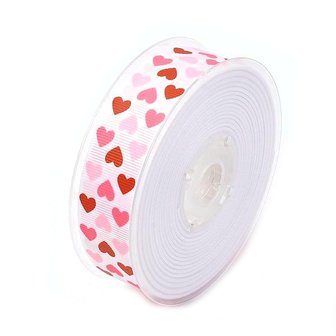 Grosgrain lint 25 mm breed wit met rood fuchsia roze hartjes