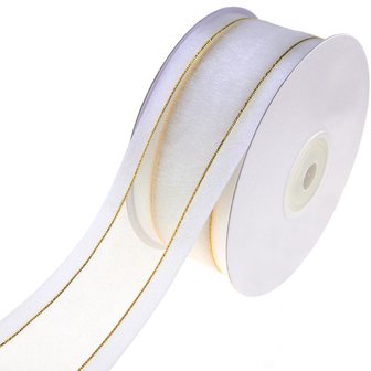 Organza satijn lint met goud lurex randje 38 mm wit