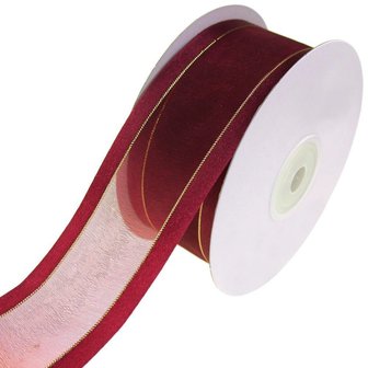 Organza satijn lint met goud lurex randje 38 mm bordeaux rood