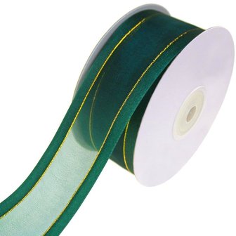 Organza satijn lint met goud lurex randje 38 mm donker groen