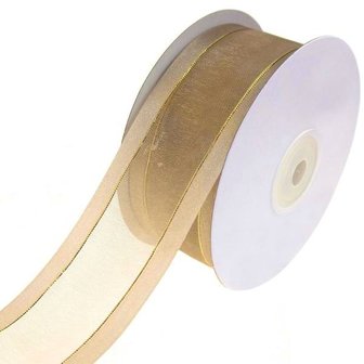 Organza satijn lint met goud lurex randje 38 mm camel