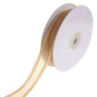 Organza satijn lint met goud lurex randje 15 mm camel