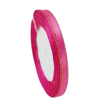 Satijn lint 6 mm fuchsia met goud lurex randje