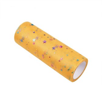 Tule lint 15 cm breed goud met multicolour sterretjes