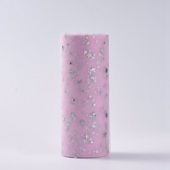 Tule lint 15 cm breed roze met glitter sterretjes