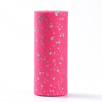 Tule lint 15 cm breed fuchsia met glitter sterretjes