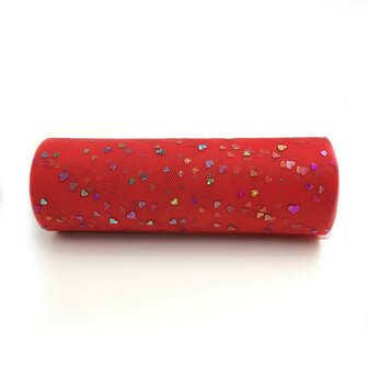 Tule lint 15 cm breed rood met multicolour hartjes