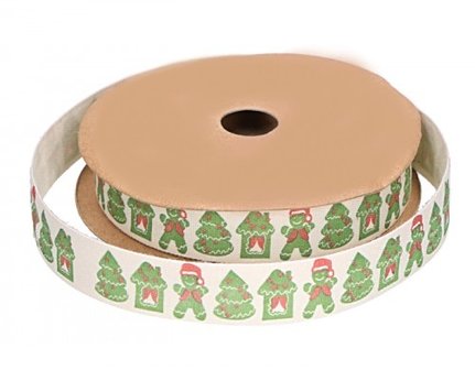 Kerstlint katoen kerstboom, huis gingerbread 15 mm breed rol