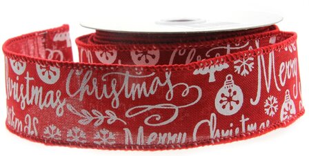 Kerstlint met ijzerdraad rood merry christmas 38 mm breed