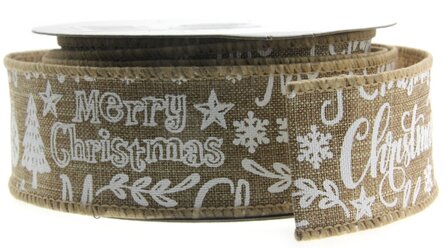 Kerstlint met ijzerdraad naturel merry christmas 38 mm breed